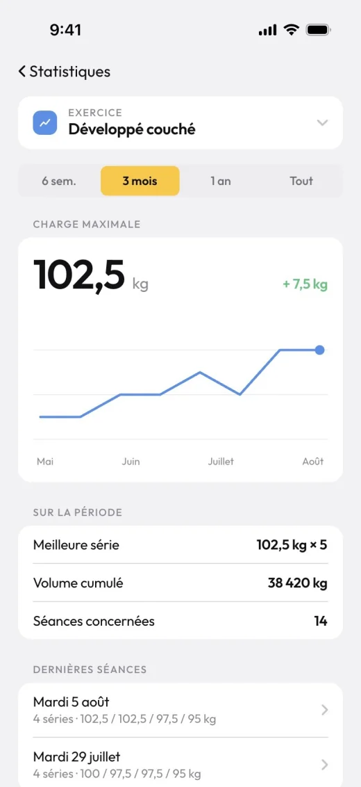 Progression d'un exercice dans l'app client