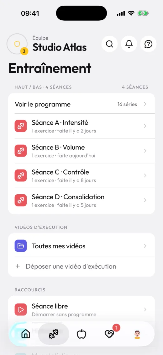 Entraînement dans l'app client : le programme du coach, ses séances et ses vidéos d'exécution