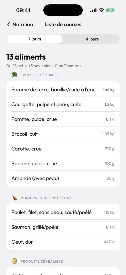 Liste de courses dans l'app client, tirée du plan alimentaire du coach