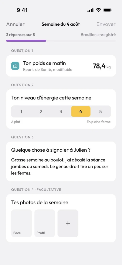 Bilan de la semaine à remplir dans l'app client