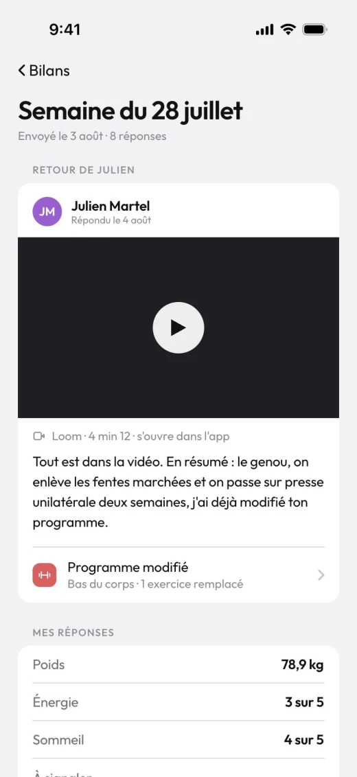 Retour du coach sur un bilan dans l'app client, avec une vidéo