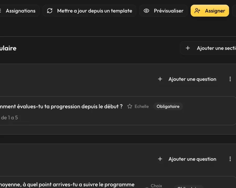 Éditeur de questionnaire côté coach : modèles de questions et sections du bilan