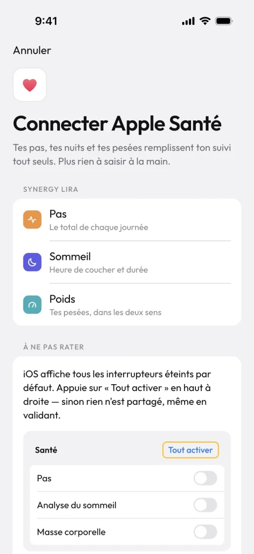 Connexion d'Apple Santé dans l'app client