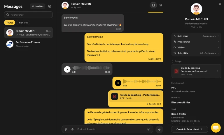 Page Messages de l'app web coach : la conversation avec un vocal et un PDF épinglé, et la fiche du client à côté