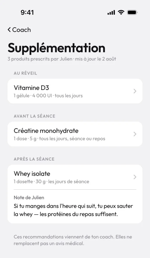 Compléments prescrits dans l'app client, rangés par moment de la journée