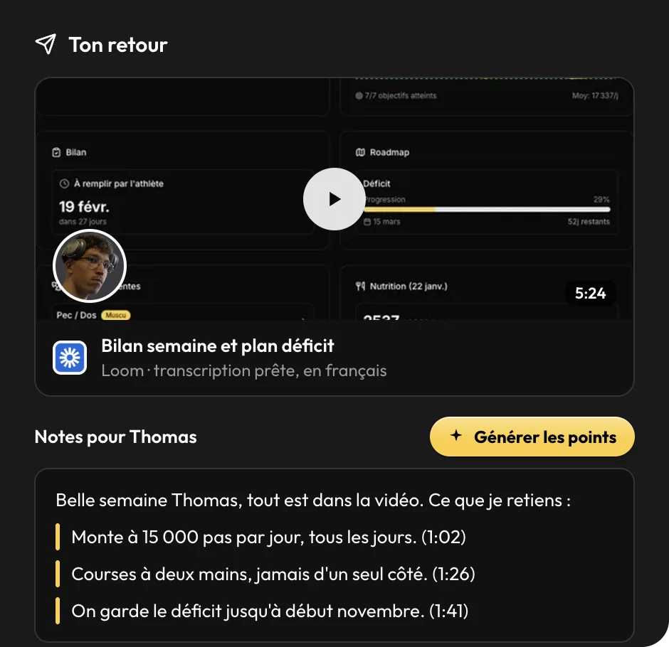 Bilan d'un client côté coach, avec un retour vidéo Loom et les points tirés de la vidéo dans les notes