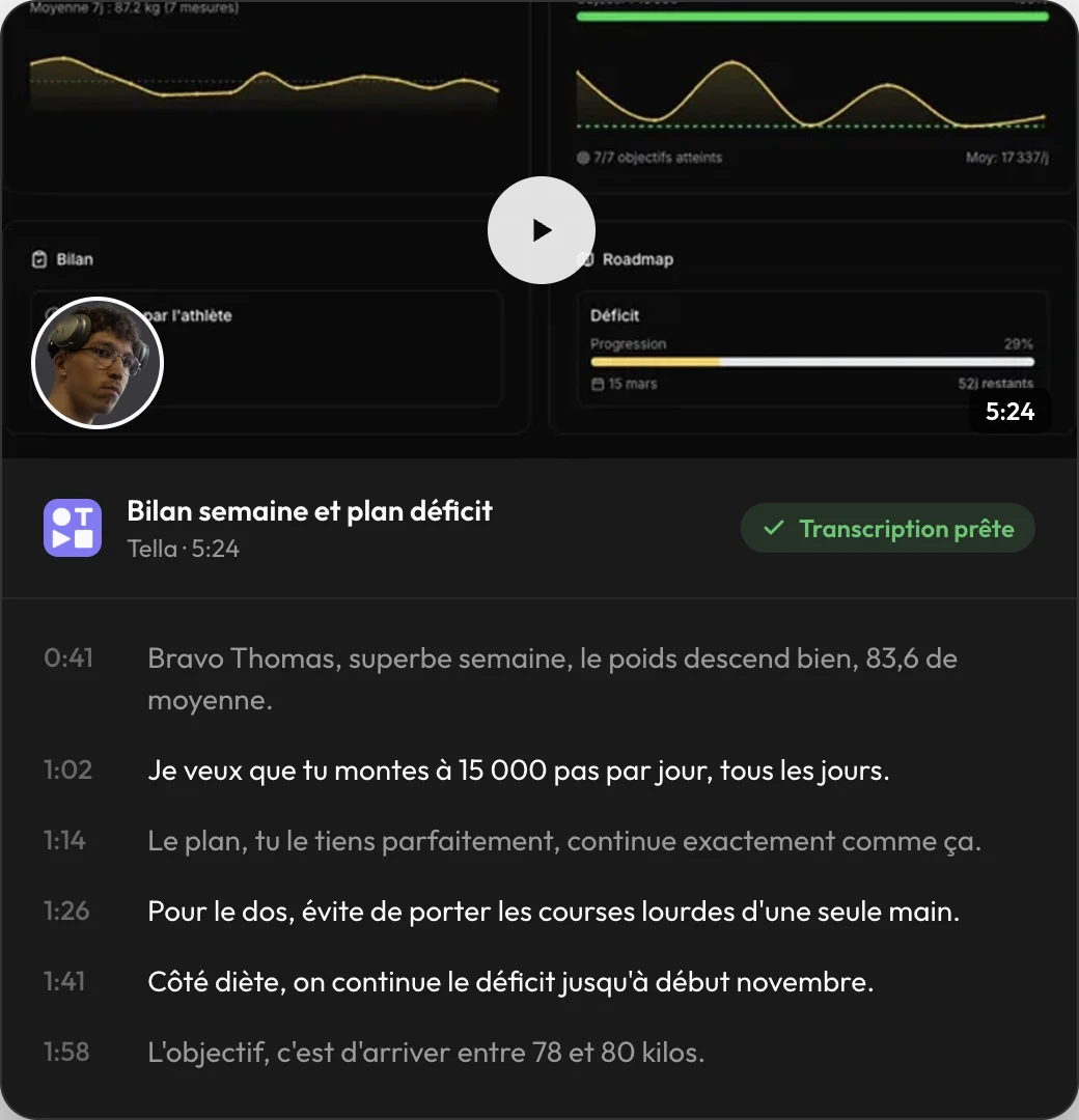 Transcription d'une vidéo Tella, phrase par phrase avec la minute