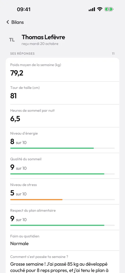 Bilan d'un client dans Synergy Pro : ses réponses avec leurs jauges