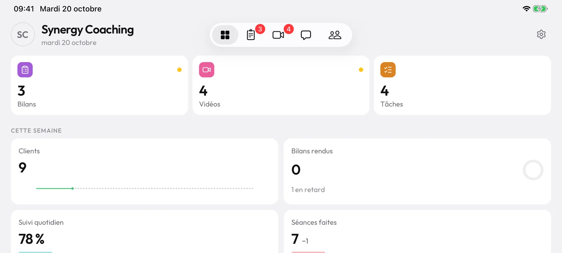 Synergy Pro sur iPad : l'accueil du jour avec les bilans, les vidéos et les tâches à traiter