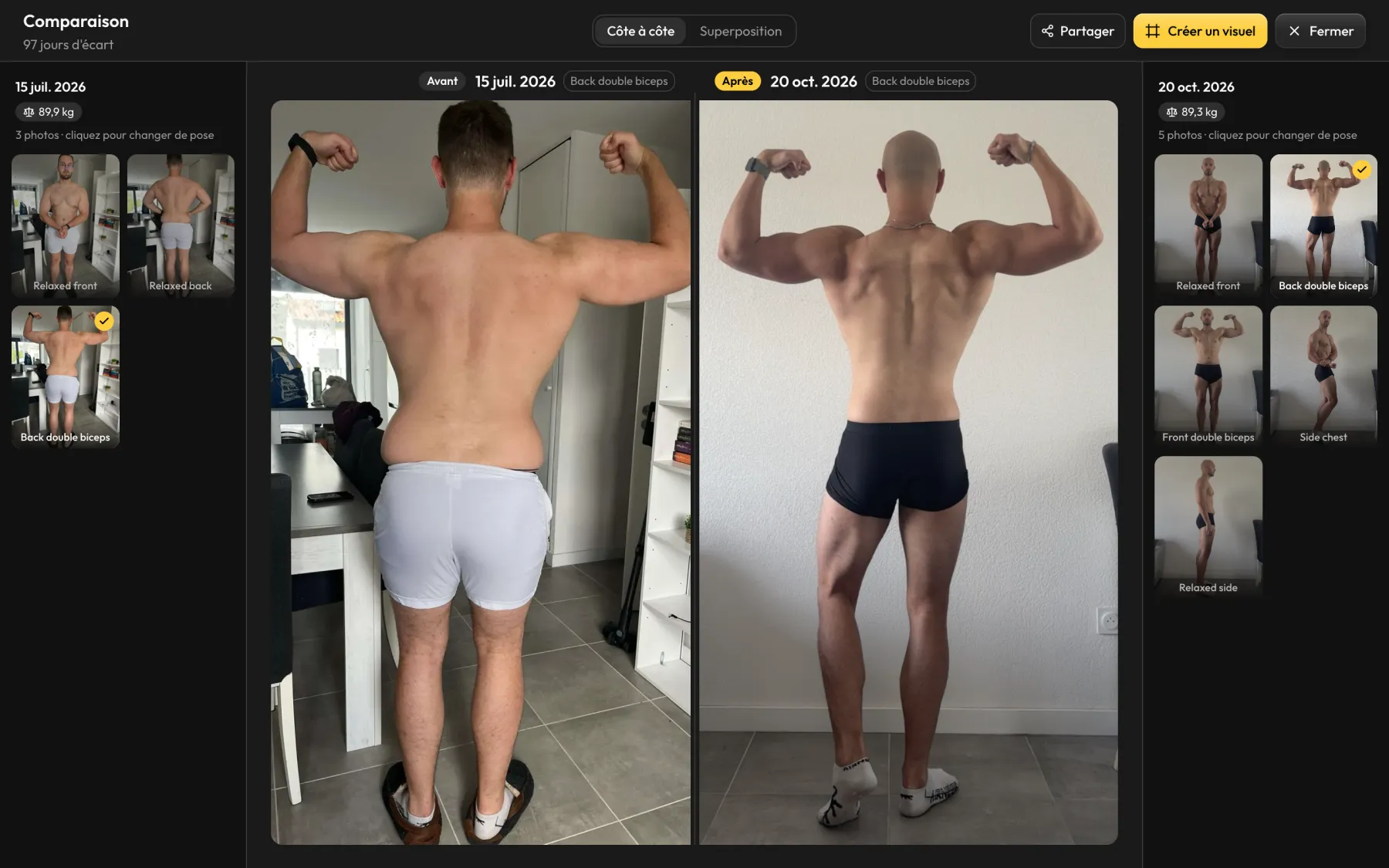 Comparaison côte à côte : la même pose, avant et après, avec l'écart de 97 jours et le bouton Partager