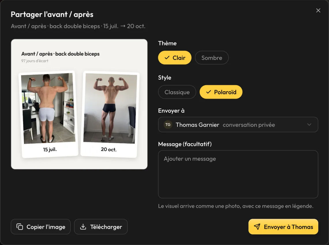 Fenêtre Partager l'avant / après : visuel en style Polaroïd, thème clair, envoi au client ou téléchargement