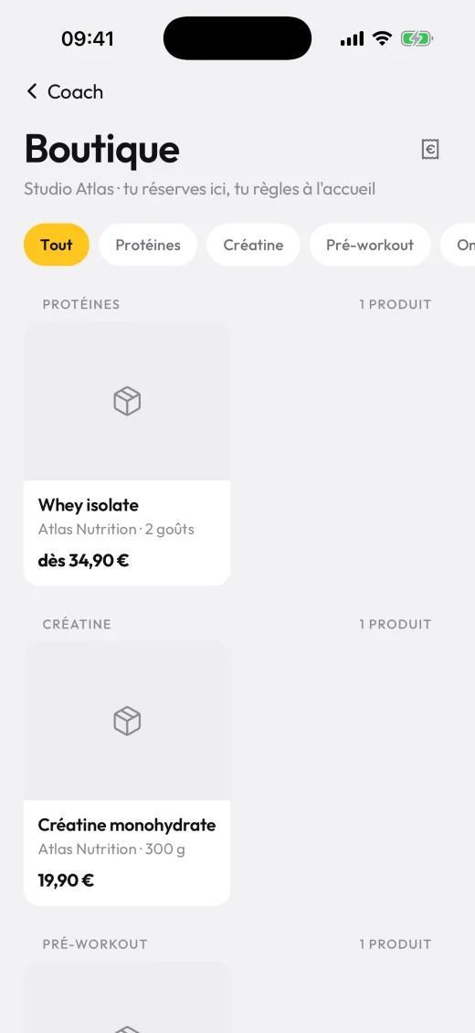Boutique de la salle dans l'app adhérent : compléments par catégorie, prix, à régler à l'accueil