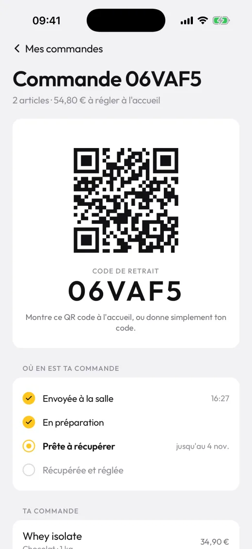 Commande prête à récupérer : QR code et code de retrait à montrer à l'accueil