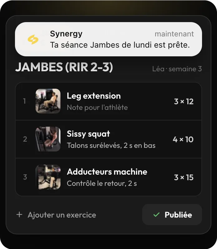 Une séance Jambes publiée, et la notification reçue par le client