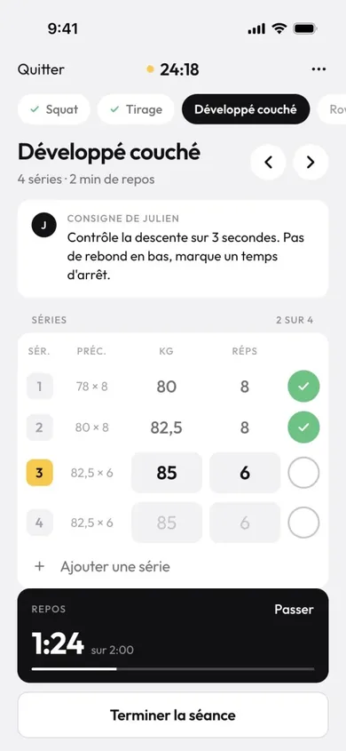 La séance du client dans son app, avec la consigne du coach et le minuteur de repos