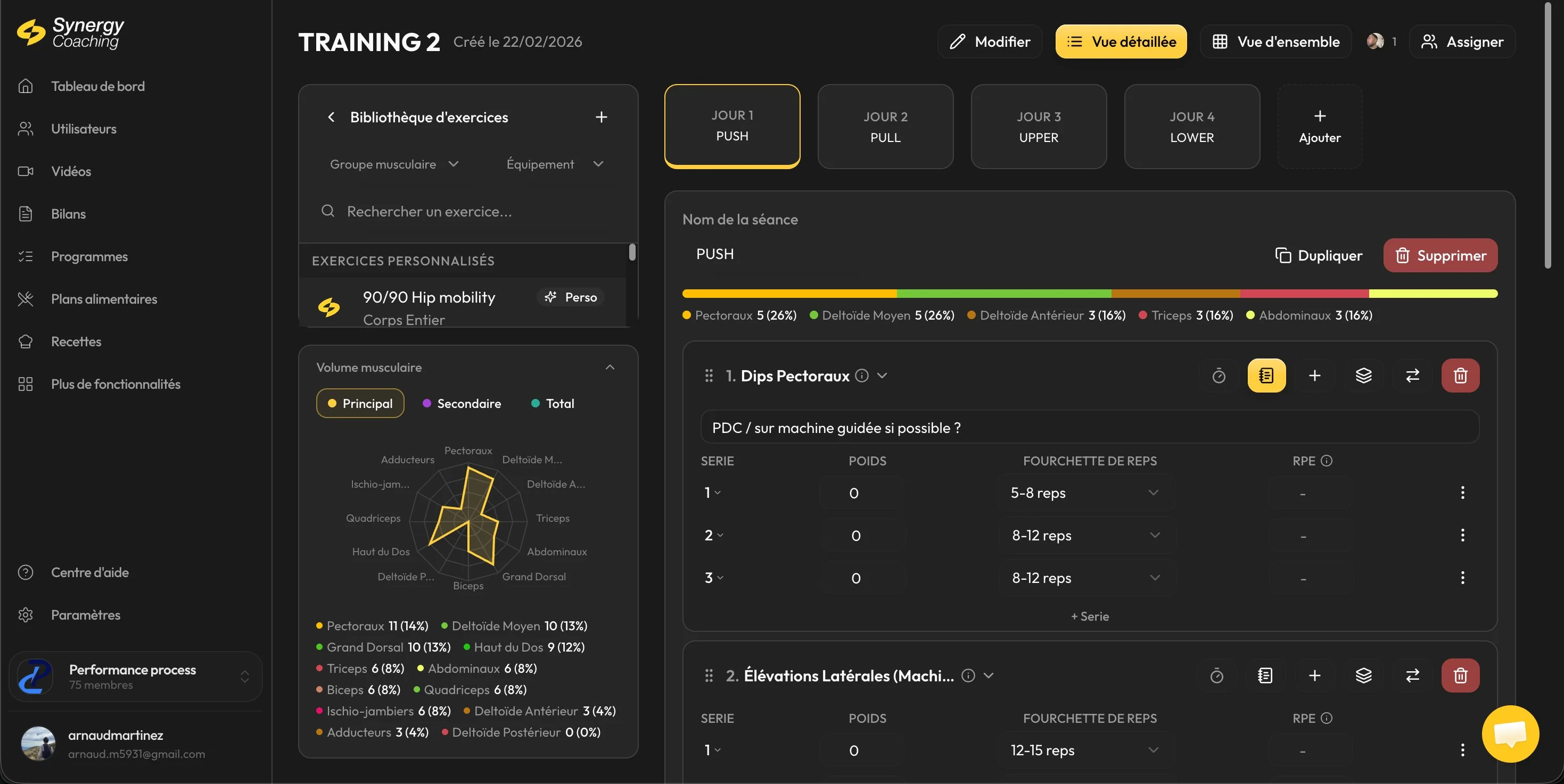 Écran de programmation d'entraînement Synergy Performance